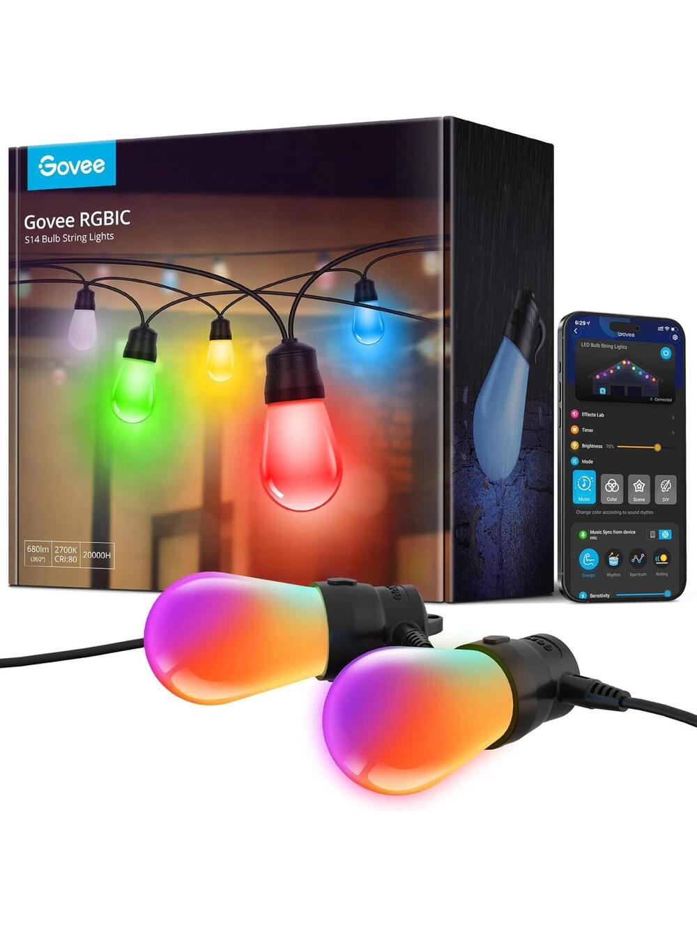Govee Smart Outdoor String Lights 48ft RGBIC Outdoor Light 15 Dimmable LED Bulbs